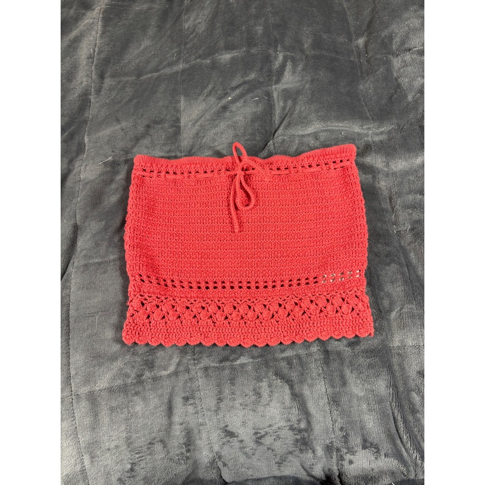 American Eagle Crochet Mini Skirt Small Coral Red Cotton Drawstring Boho Knit